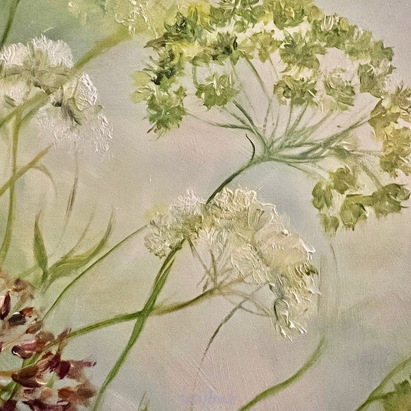 Litheness- oil painting of cow parsley in a devon hedgerow in greens and blues by anita nowinska.JPEG