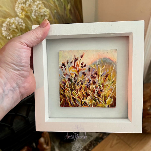 wildflower seed heads in a sunlit  wildflower 
meadow miniature oil paining in a white frame
