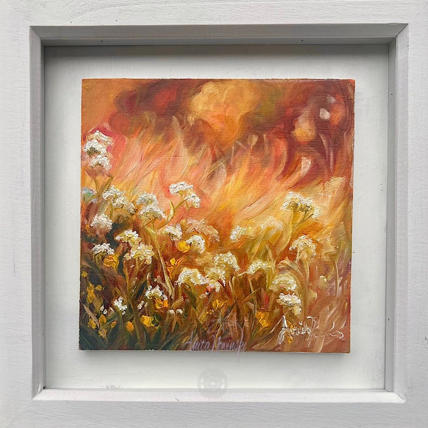Small framed meadow painting with cow parsley at golden hour by anita nowinska