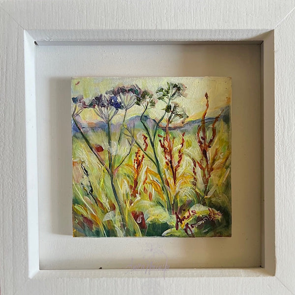 miniature ramed oil painting of cow parsley and sorrel in a sunlit meadow
