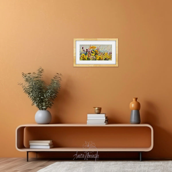 Meadow gems- Wild Fower Painting of yellow flowers purple thistles and sorrel seeds against a soft sky by Anita Nowinska.JPEG