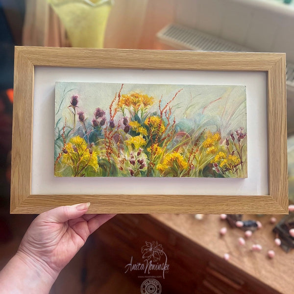 Meadow gems- Wild Fower Painting of yellow flowers purple thistles and sorrel seeds against a soft sky by Anita Nowinska.JPEG