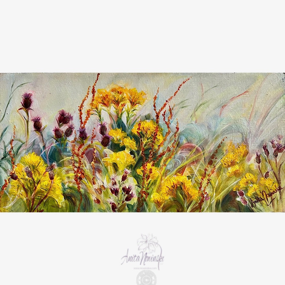 Meadow gems- Wild Fower Painting of yellow flowers purple thistles and sorrel seeds against a soft sky by Anita Nowinska.JPEG