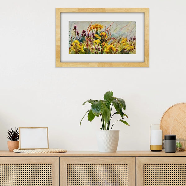 Meadow gems- Wild Fower Painting of yellow flowers purple thistles and sorrel seeds against a soft sky by Anita Nowinska.JPEG