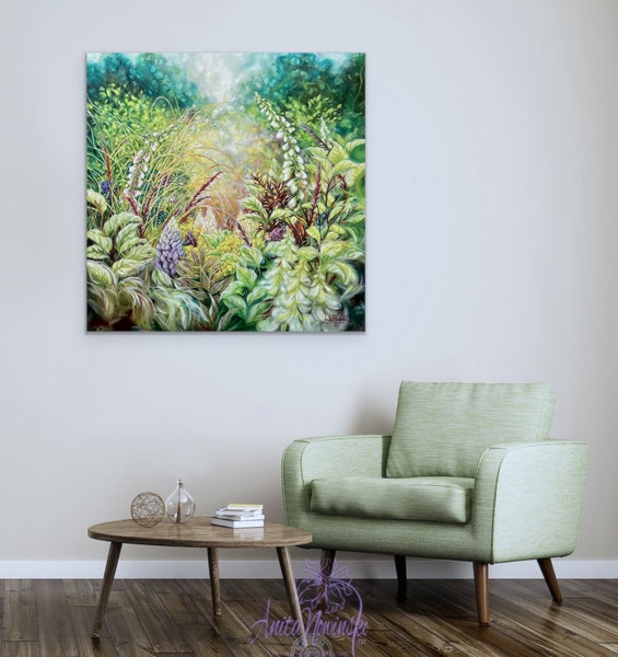 Mosaic- big bright Spring garden flower painting by anita Nowinska green lilac pink.JPG