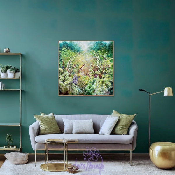 Mosaic- big bright Spring garden flower painting by anita Nowinska green lilac pink.JPG