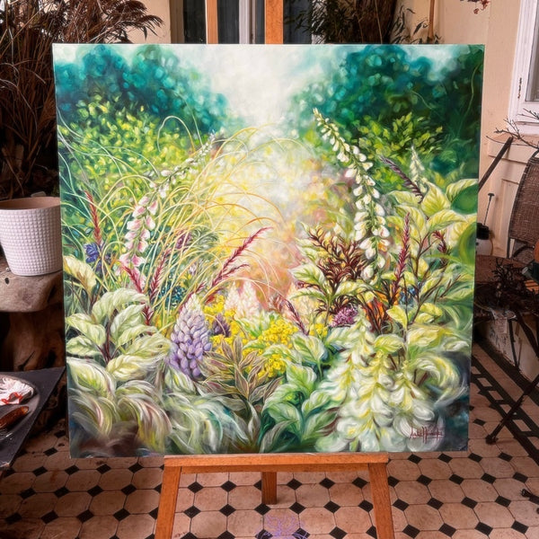 Mosaic- big bright Spring garden flower painting by anita Nowinska green lilac pink.JPG