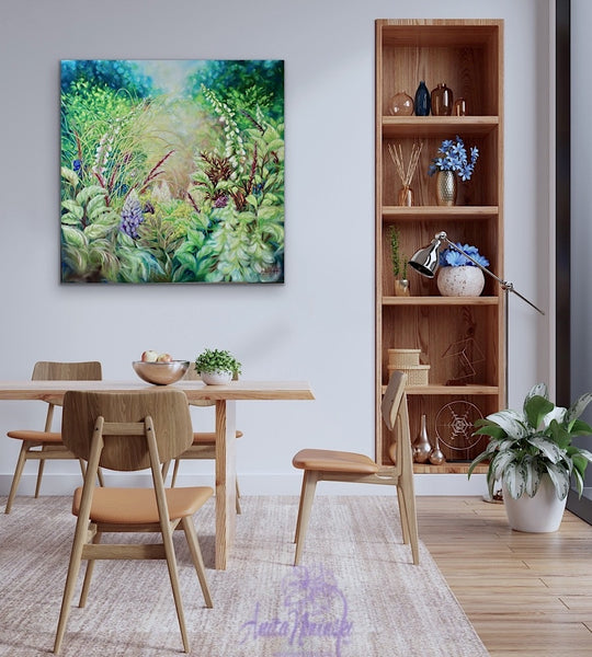 Mosaic- big bright Spring garden flower painting by anita Nowinska green lilac pink.JPG