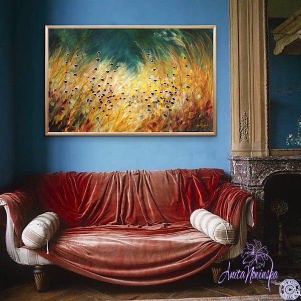 Big canvas painting of golden grasses, seedheads & dappled light with teal background- wall decor art by anita nowinska