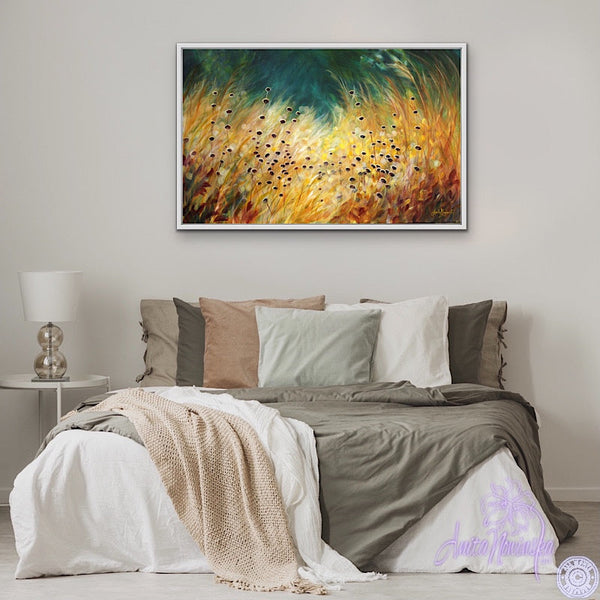 Big canvas painting of golden grasses, seedheads & dappled light with teal background- wall decor art by anita nowinska