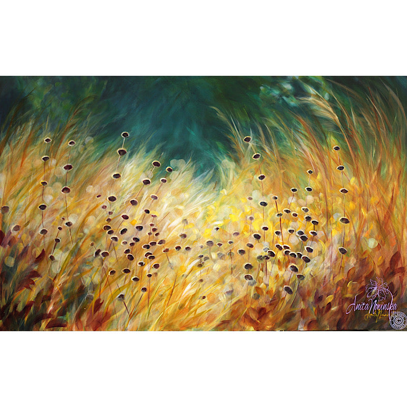 Big canvas painting of golden grasses, seedheads & dappled light with teal background- wall decor art by anita nowinska