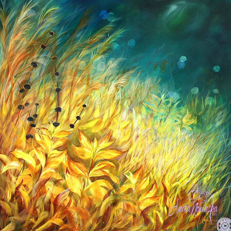 triptych of autumn meadow paintings with golden grasses on a teal background with seed heads art for well being by Anita Nowinska