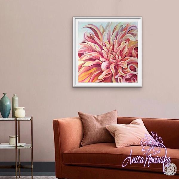 living room decor & Peach labyrinth dahlia flower painting by Anita Nowinska