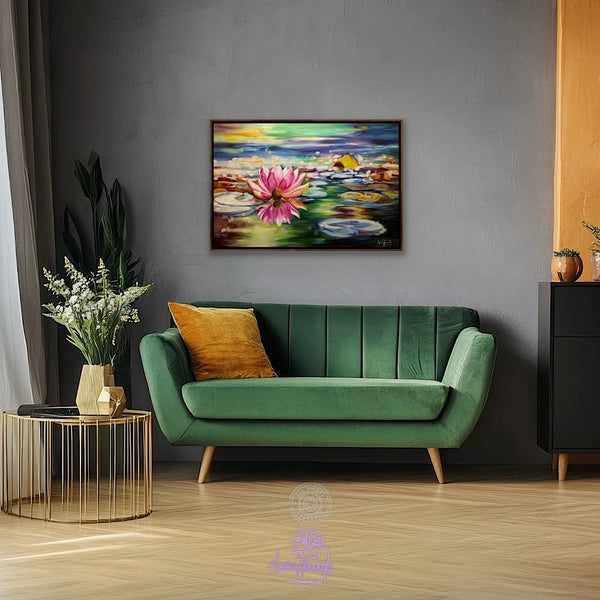 Perspicacity- Original painting of a bright pink waterlily on a colourful pond with lily pads & water by Anita Nowinska.JPEG