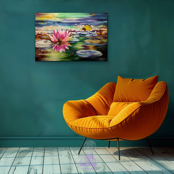 Perspicacity- Original painting of a bright pink waterlily on a colourful pond with lily pads & water by Anita Nowinska.JPEG