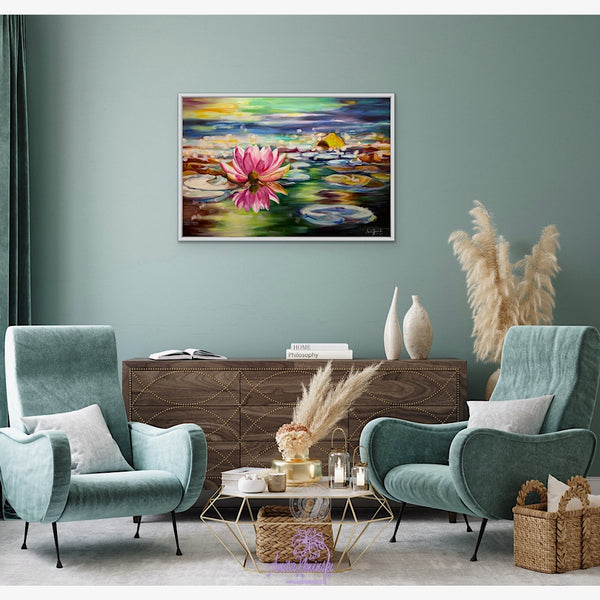 Perspicacity- Original painting of a bright pink waterlily on a colourful pond with lily pads & water by Anita Nowinska.JPEG
