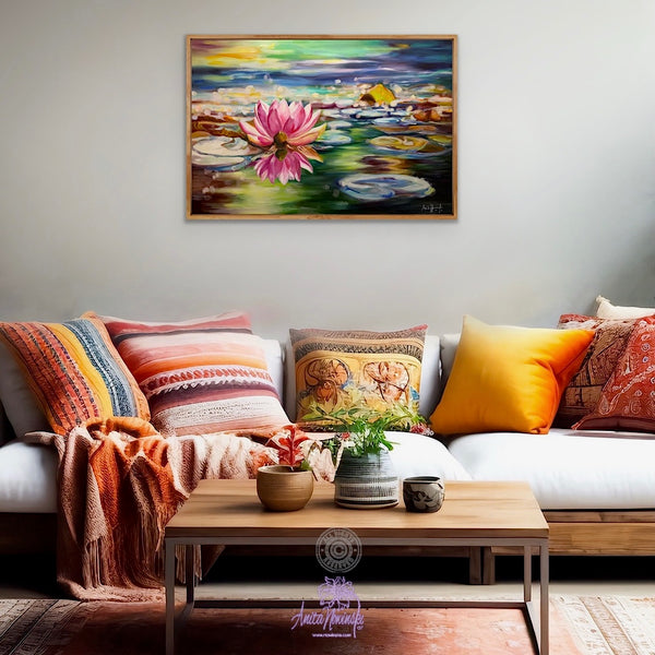 Perspicacity- Original painting of a bright pink waterlily on a colourful pond with lily pads & water by Anita Nowinska.JPEG