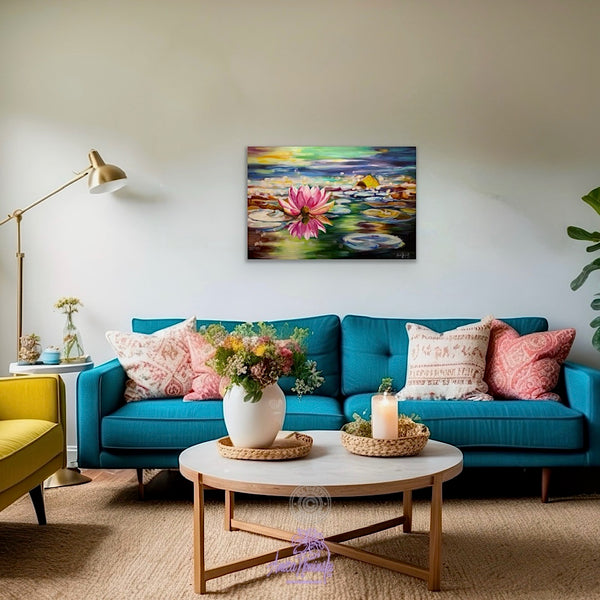 Perspicacity- Original painting of a bright pink waterlily on a colourful pond with lily pads & water by Anita Nowinska.JPEG