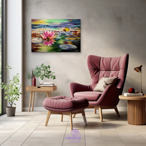 Perspicacity- Original painting of a bright pink waterlily on a colourful pond with lily pads & water by Anita Nowinska.JPEG