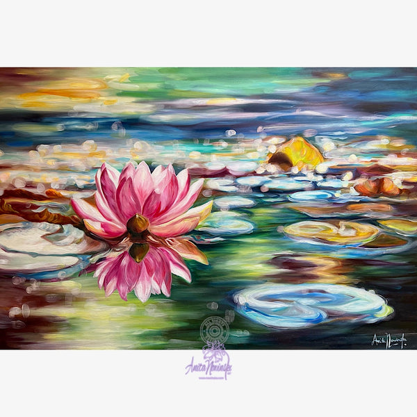 Perspicacity- Original painting of a bright pink waterlily on a colourful pond with lily pads & water by Anita Nowinska.JPEG