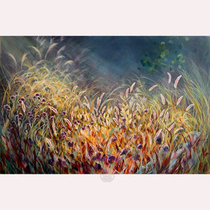 meadow painting of golden grasses and seed heads on a dark teal background by Anita Nowinska
