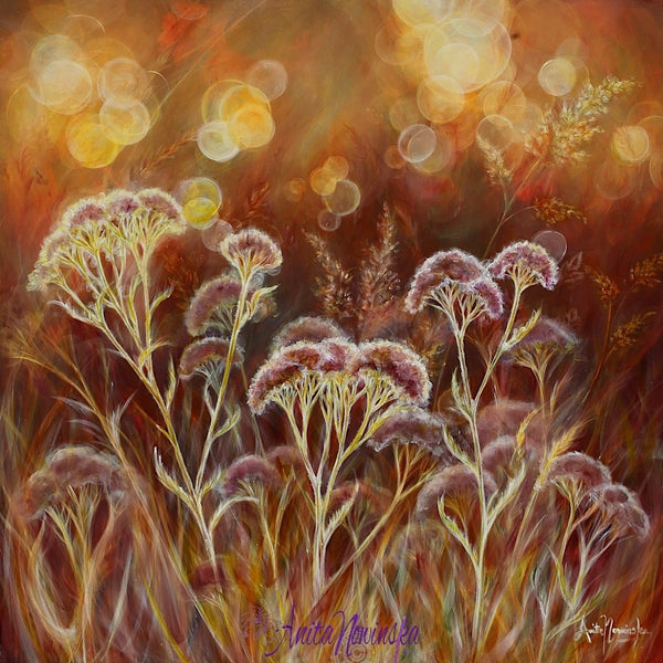 Providence- wild flower meadow painting in warm gold toned with dappled sunlight by anita nowinska art for well being