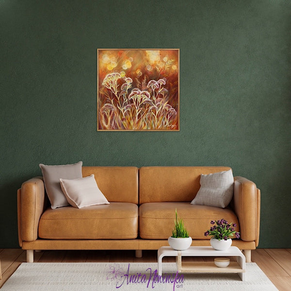 Providence- wild flower meadow painting in warm gold toned with dappled sunlight by anita nowinska art for well being