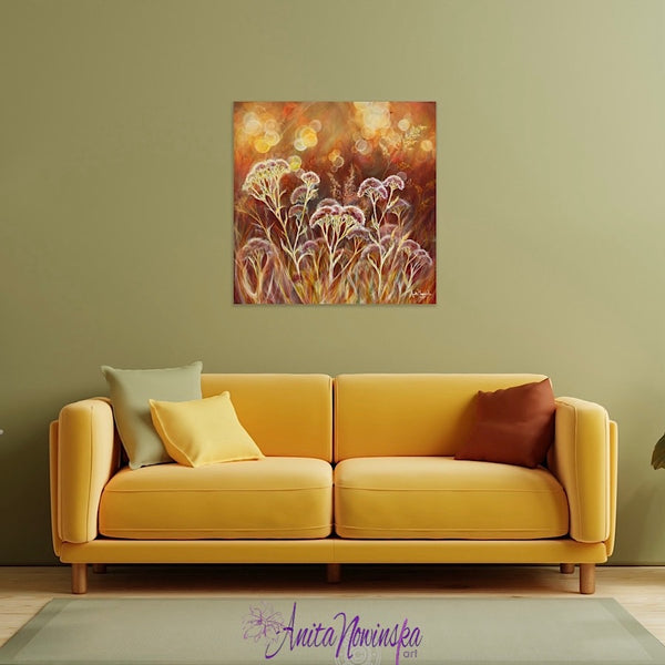 Providence- wild flower meadow painting in warm gold toned with dappled sunlight by anita nowinska art for well being