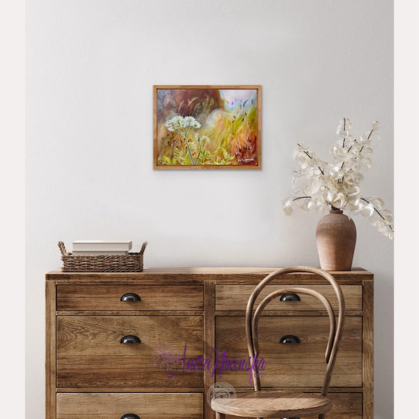 'Restraint' is a small wild flower meadow painting of wild carrot in golden light by anita nowinska.JPEG