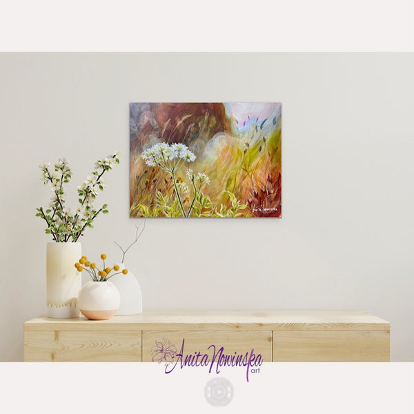 'Restraint' is a small wild flower meadow painting of wild carrot in golden light by anita nowinska.JPEG