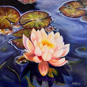 Revival- original oil painting of waterlily on a pond by Anita Nowinska Contemporary Art pink, peace and deep blue
