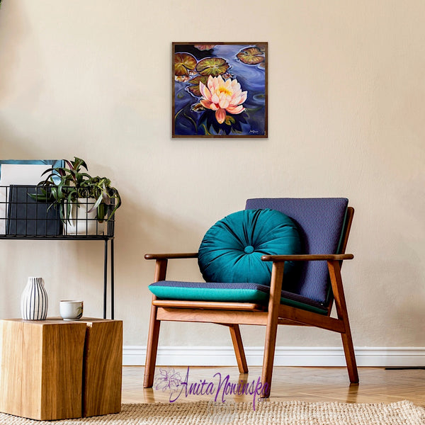 Revival- original oil painting of waterlily on a pond by Anita Nowinska Contemporary Art