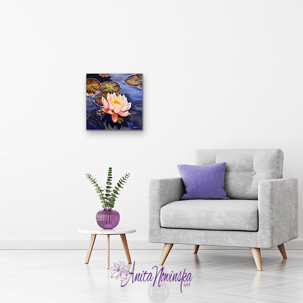 Revival- original oil painting of waterlily on a pond by Anita Nowinska Contemporary Art