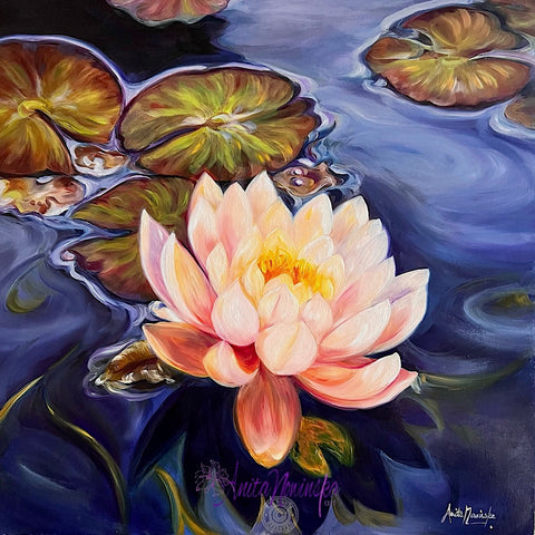 Revival- original oil painting of waterlily on a pond by Anita Nowinska Contemporary Art pink, peace and deep blue
