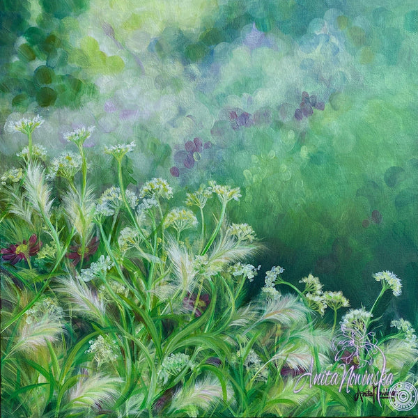 Garden painting with fluffy green grasses