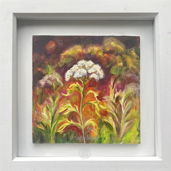 small framed oil painting of wild carrot flower in a meadow by anita nowinska