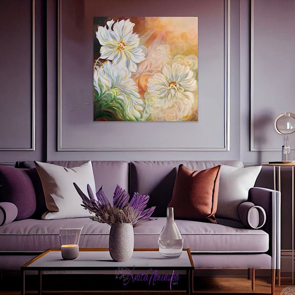 Sun lit white cosmos big flower painting by anita nowinska with dappled sunlight bokeh in living room interior decor