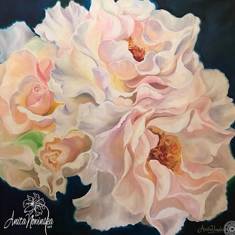 Tenderness- big flower painting of peach roses, oil on canvas by Anita Nowinska