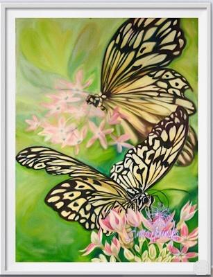 Big Painting of black & white rice paper butterflies on bright green backgound & buddleja flowers Anita Nowinska