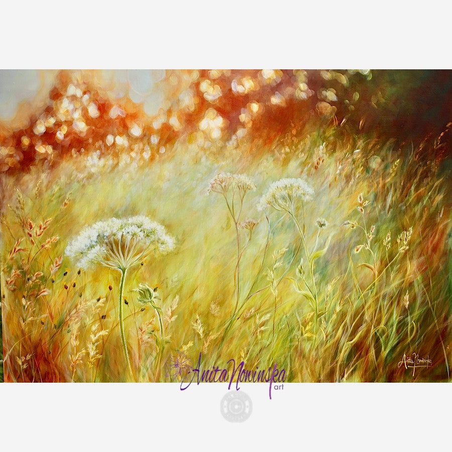 Transience is an original oil painting of a wild flower meadow at golden hour with dappled sunlight by anita Nowinska copy 9 