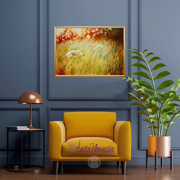 Transience is an original oil painting of a wild flower meadow at golden hour with dappled sunlight by anita Nowinska copy 9