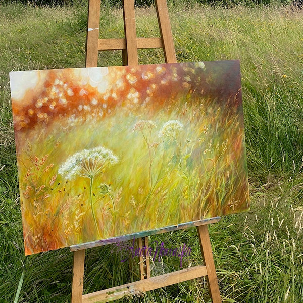 Transience is an original oil painting of a wild flower meadow at golden hour with dappled sunlight by anita Nowinska copy 9