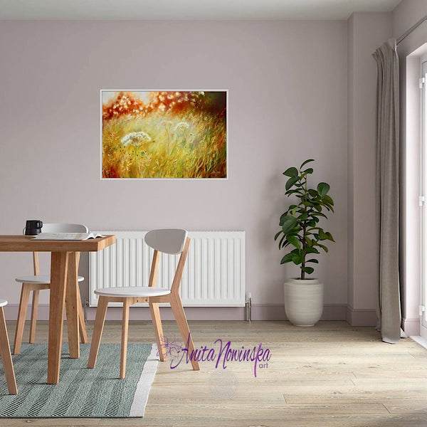 Transience is an original oil painting of a wild flower meadow at golden hour with dappled sunlight by anita Nowinska copy 9