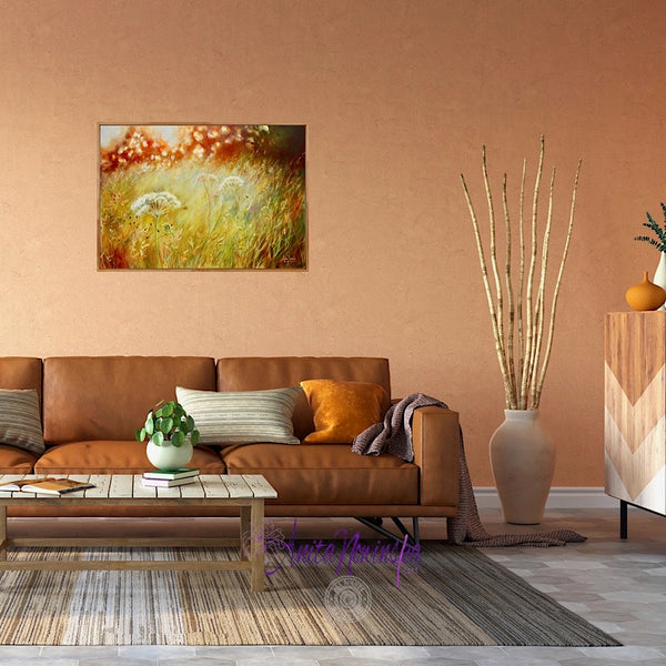 Transience is an original oil painting of a wild flower meadow at golden hour with dappled sunlight by anita Nowinska copy 9