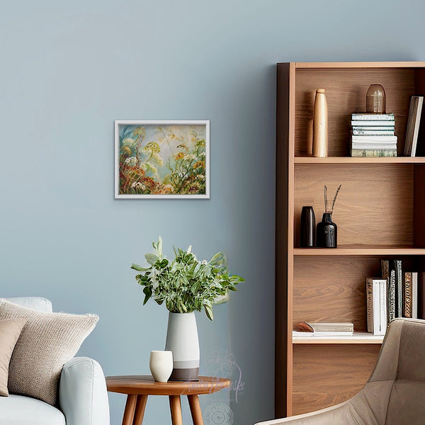 Whispers iii is a small oil painting of wild hedgerow flowers on a misty blue greay background by anita nowinska.JPEG
