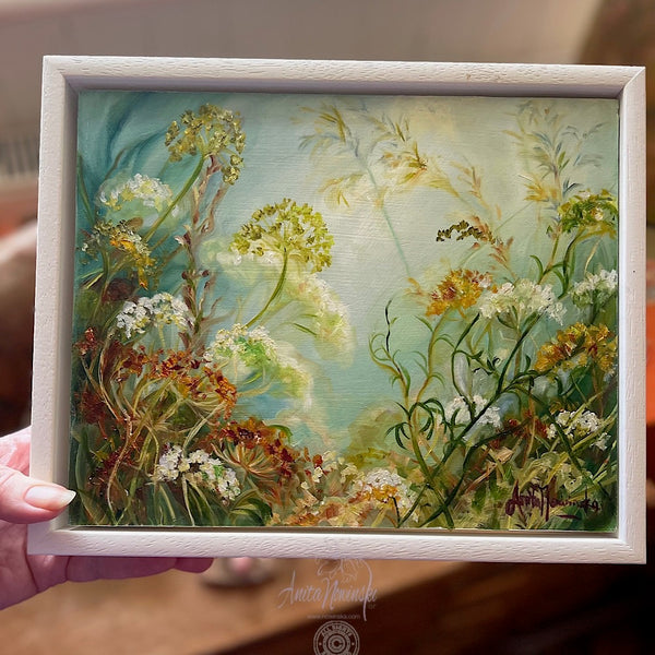Whispers iii is a small oil painting of wild hedgerow flowers on a misty blue greay background by anita nowinska.JPEG
