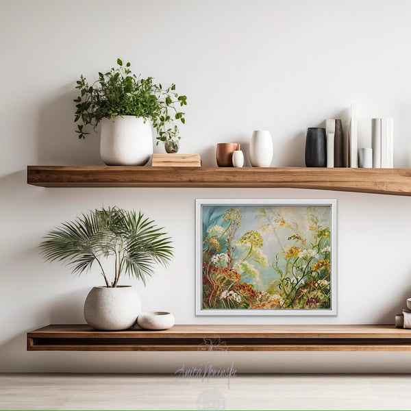 Whispers iii is a small oil painting of wild hedgerow flowers on a misty blue greay background by anita nowinska.JPEG
