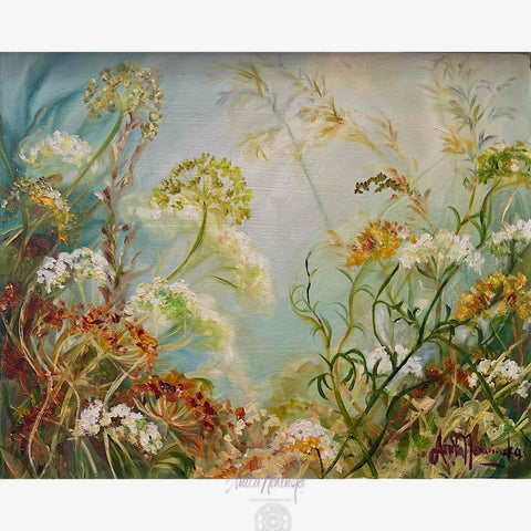 Whispers iii is a small oil painting of wild hedgerow flowers on a misty blue greay background by anita nowinska.JPEG