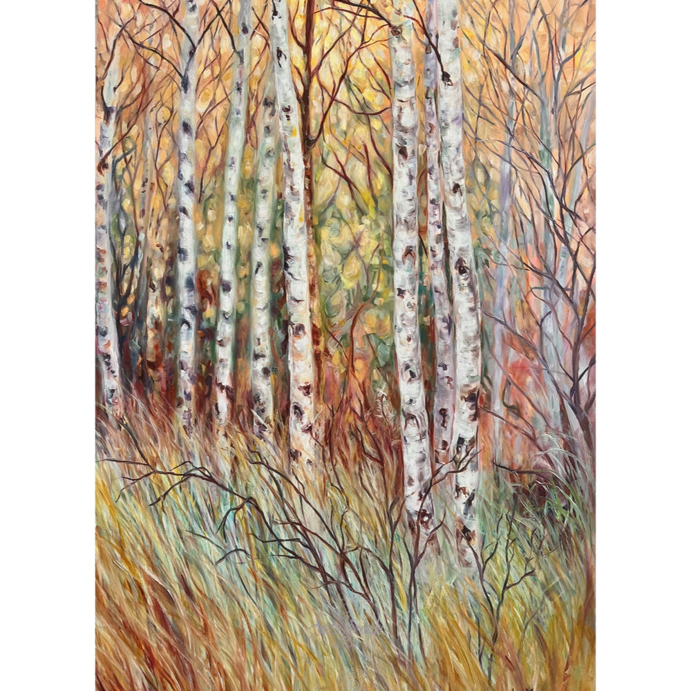Winter Birch- original landscape oil painting of silver birch trees in winter in tones of peach, amber, tutquoise and pink by anita nowinska.JPG