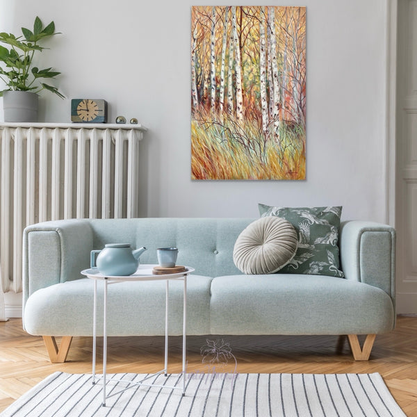 Winter Birch- original landscape oil painting of silver birch trees in winter in tones of peach, amber, tutquoise and pink by anita nowinska